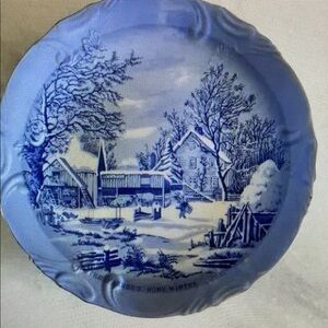 Currier & Ives The Farmers Home -‎ Winter VINTAGE! Blue Collectible Plate 8”